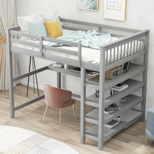 Full Pine Loft Bed with Integrated Desk and 4-Tier Shelf Ladder, Espresso Gray White