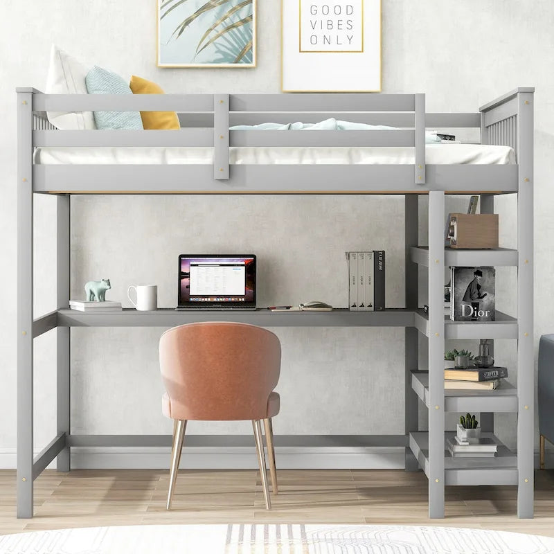 Full Pine Loft Bed with Integrated Desk and 4-Tier Shelf Ladder, Espresso Gray White