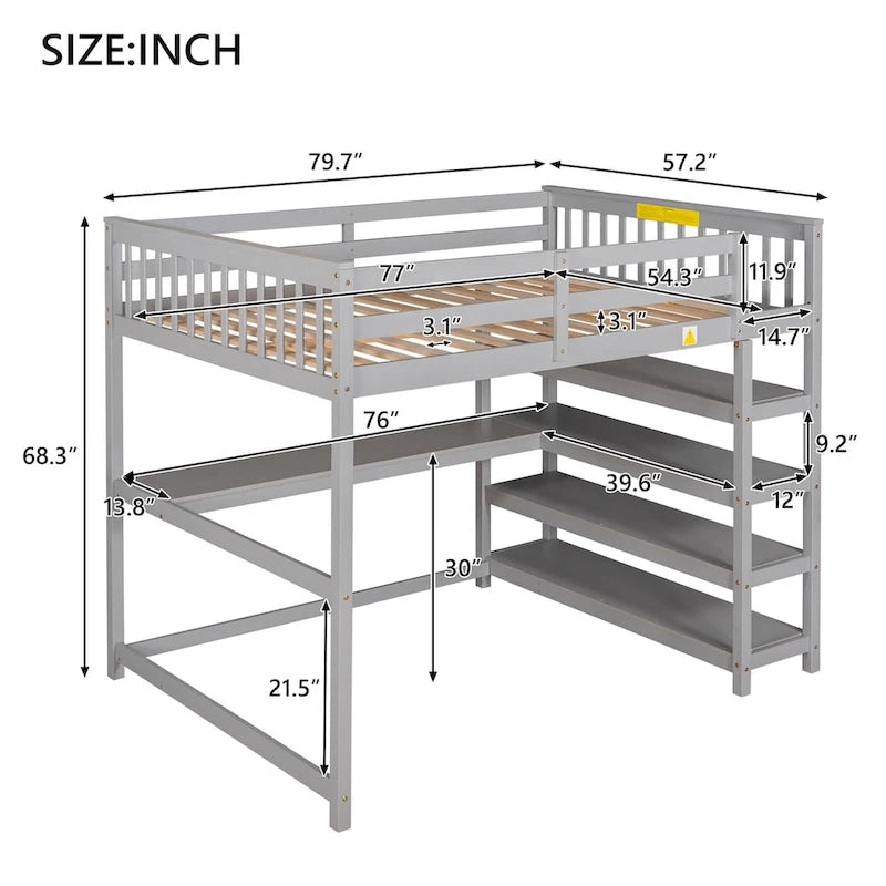 Full Pine Loft Bed with Integrated Desk and 4-Tier Shelf Ladder, Espresso Gray White