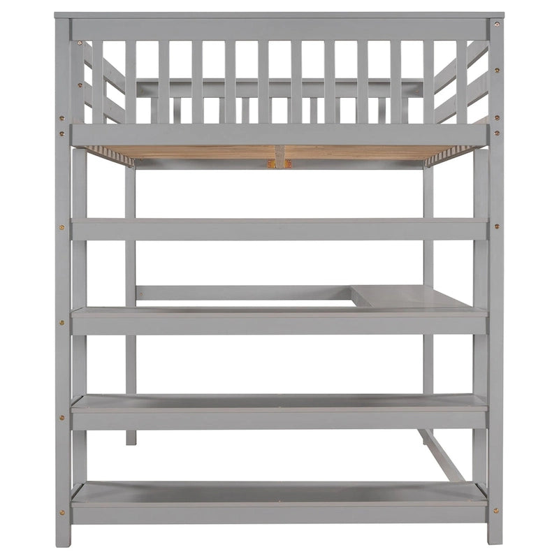 Full Pine Loft Bed with Integrated Desk and 4-Tier Shelf Ladder, Espresso Gray White