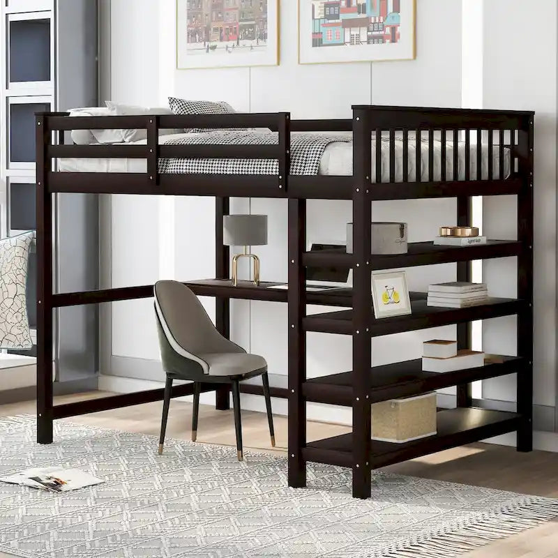 Full Pine Loft Bed with Integrated Desk and 4-Tier Shelf Ladder, Espresso Gray White