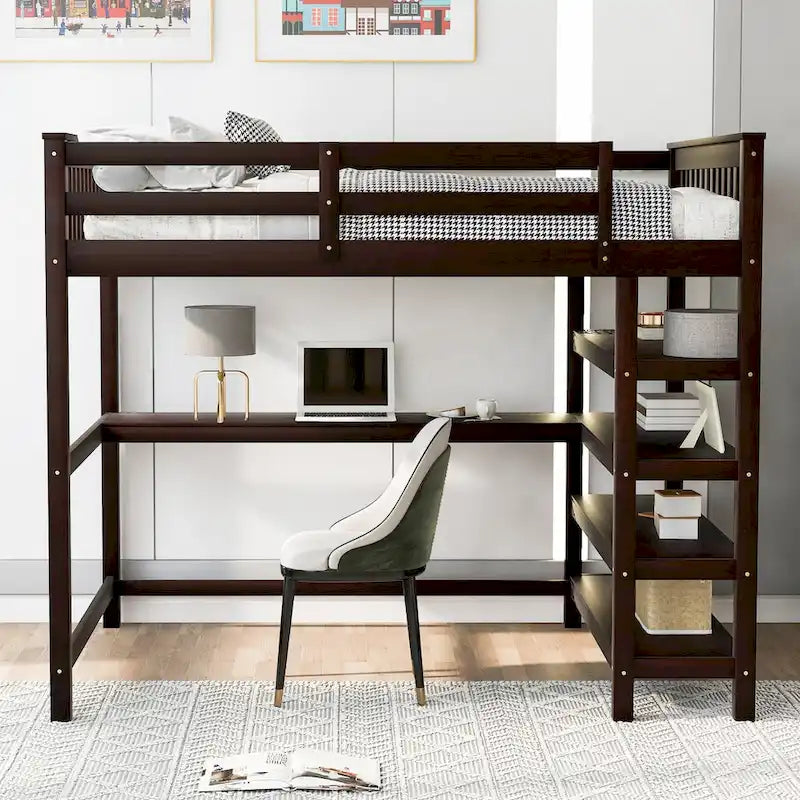 Full Pine Loft Bed with Integrated Desk and 4-Tier Shelf Ladder, Espresso Gray White