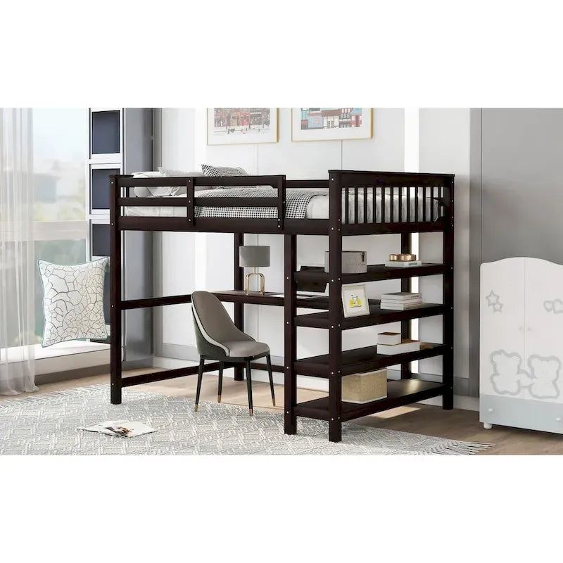 Full Pine Loft Bed with Integrated Desk and 4-Tier Shelf Ladder, Espresso Gray White