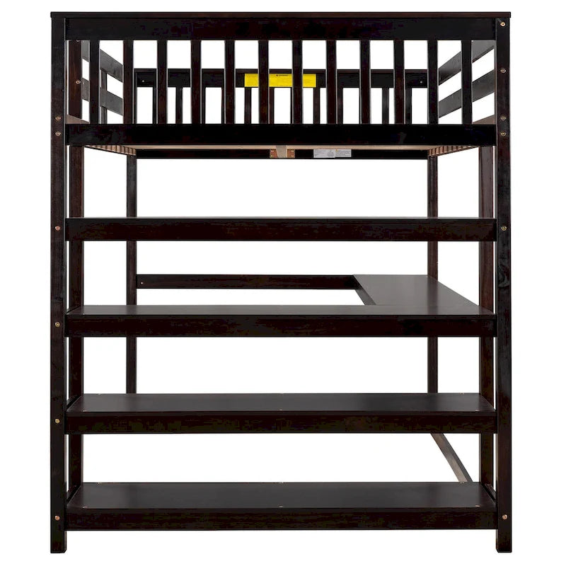 Full Pine Loft Bed with Integrated Desk and 4-Tier Shelf Ladder, Espresso Gray White