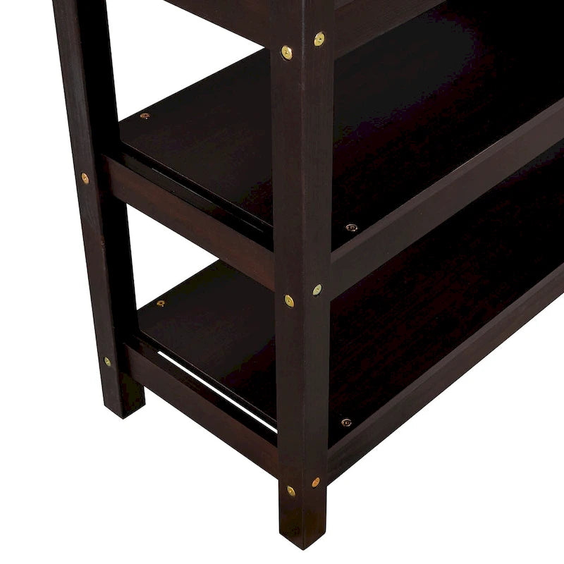 Full Pine Loft Bed with Integrated Desk and 4-Tier Shelf Ladder, Espresso Gray White