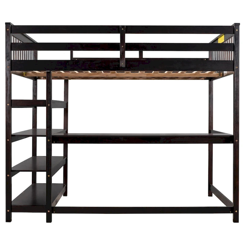 Full Pine Loft Bed with Integrated Desk and 4-Tier Shelf Ladder, Espresso Gray White