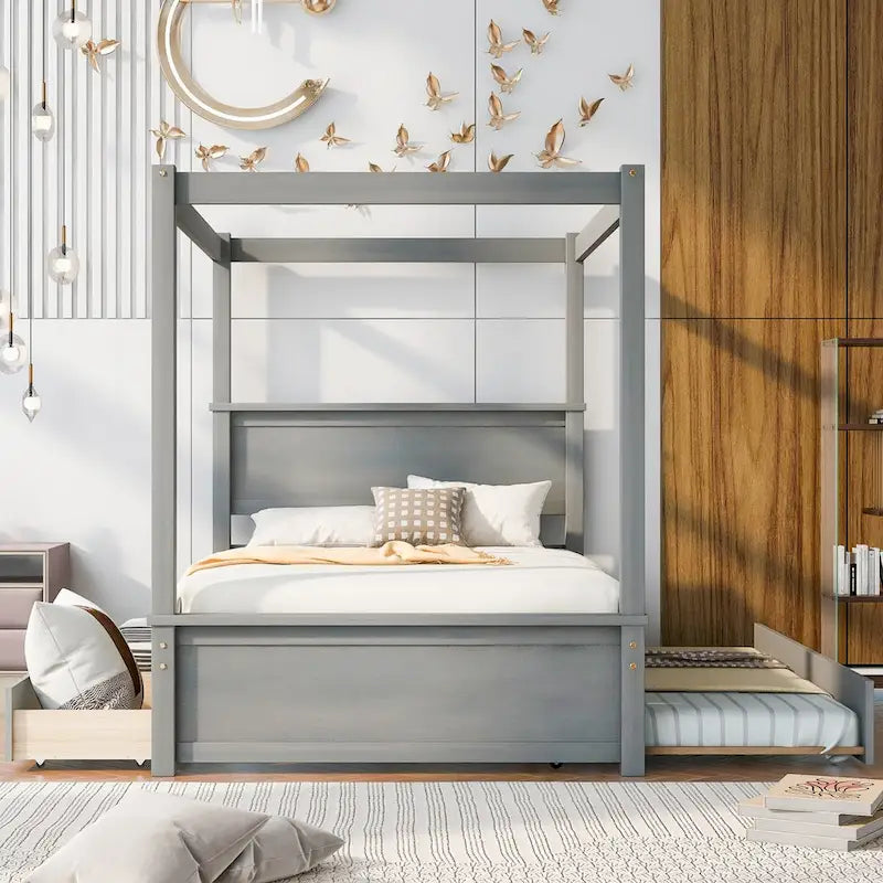 Wood Full Canopy Bed with Included Trundle for Additional Sleep Space