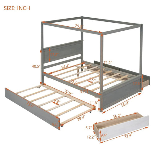 Full Pine Four-Post Canopy Bed with Pull-Out Trundle and Curtain Rails, Gray White Light Brown
