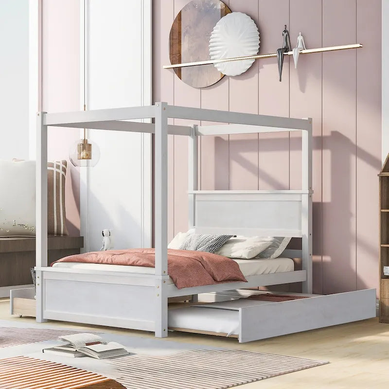 Himmelbett aus Kiefernholz in Größe Full mit vier Pfosten, ausziehbarem Ausziehbett und Vorhangschienen, Grau Weiß Hellbraun