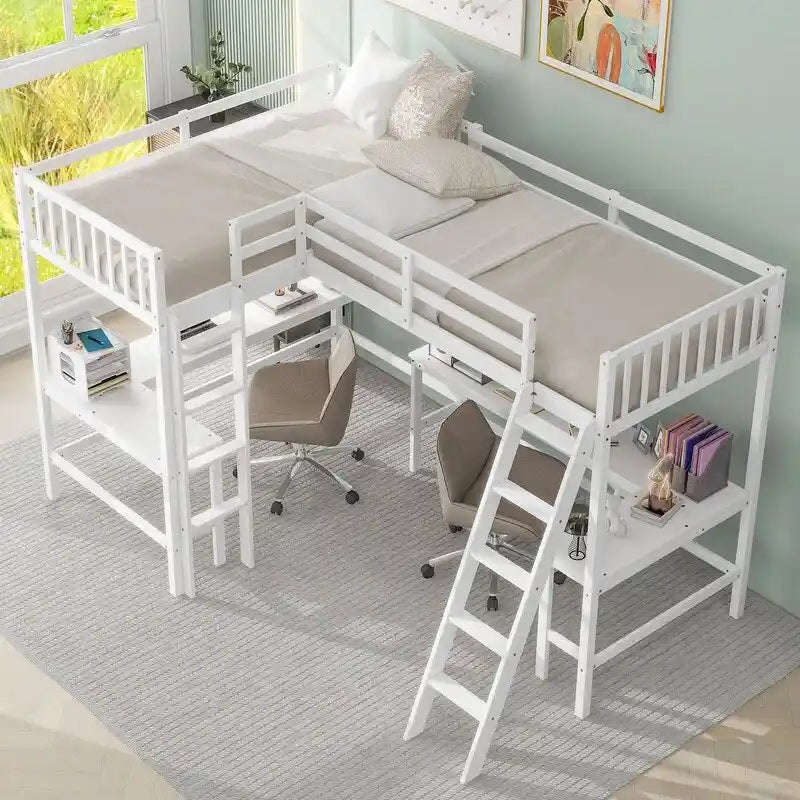 Twin L-Shaped Loft Bed with 2 Desks and Ladder, Solid Pine, Gray White