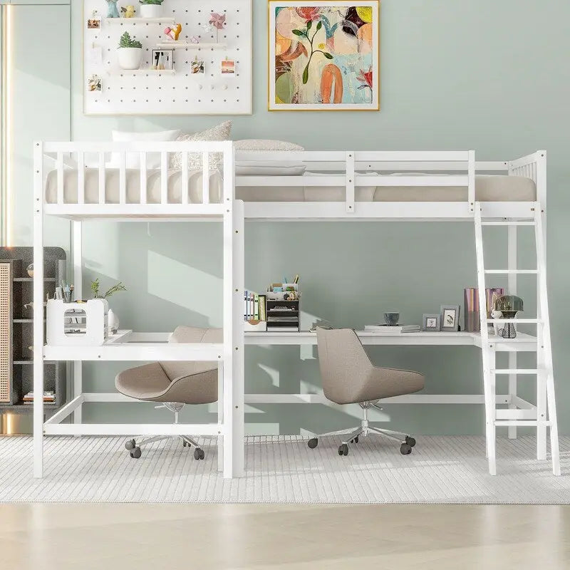 Twin L-Shaped Loft Bed with 2 Desks and Ladder, Solid Pine, Gray White