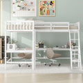 Twin L-Shaped Loft Bed with 2 Desks and Ladder, Solid Pine, Gray White