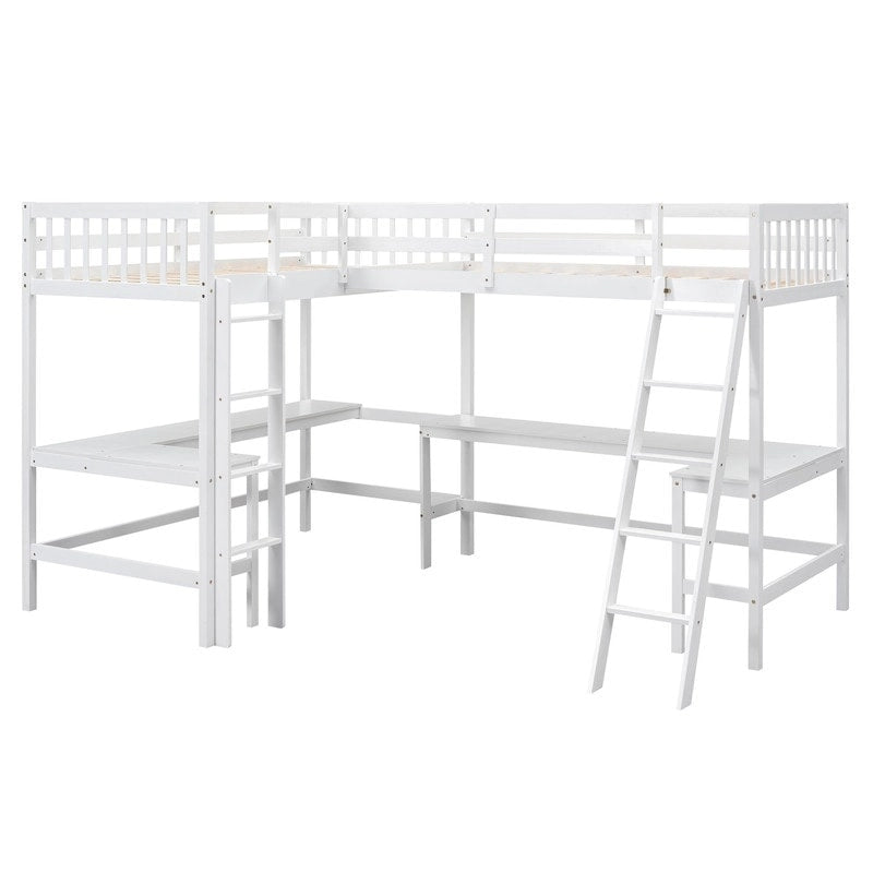 Twin L-Shaped Loft Bed with 2 Desks and Ladder, Solid Pine, Gray White