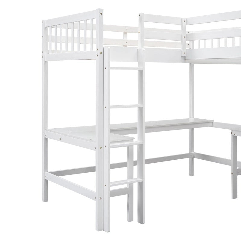 Twin L-Shaped Loft Bed with 2 Desks and Ladder, Solid Pine, Gray White