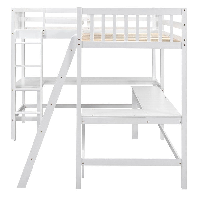 Twin L-Shaped Loft Bed with 2 Desks and Ladder, Solid Pine, Gray White