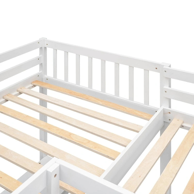 Twin L-Shaped Loft Bed with 2 Desks and Ladder, Solid Pine, Gray White