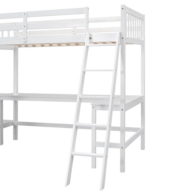 Twin L-Shaped Loft Bed with 2 Desks and Ladder, Solid Pine, Gray White