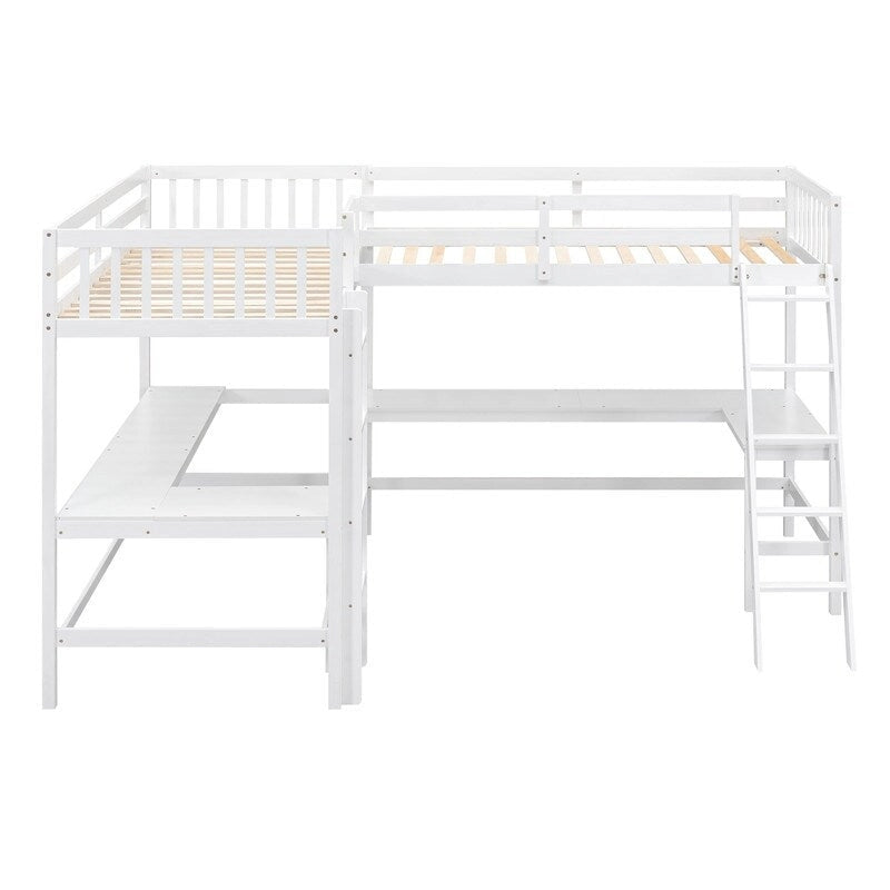 Twin L-Shaped Loft Bed with 2 Desks and Ladder, Solid Pine, Gray White