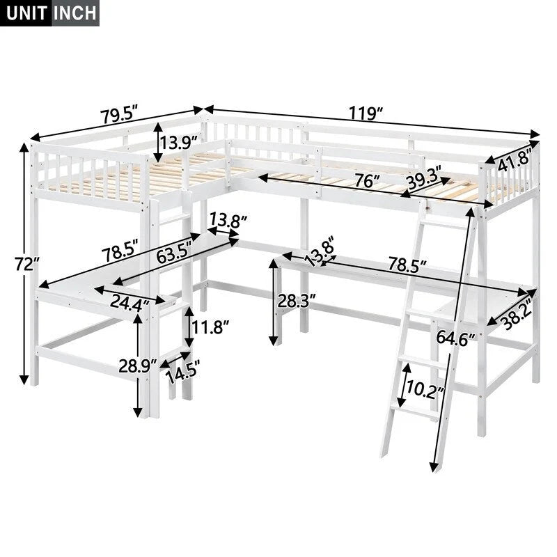 Twin L-Shaped Loft Bed with 2 Desks and Ladder, Solid Pine, Gray White
