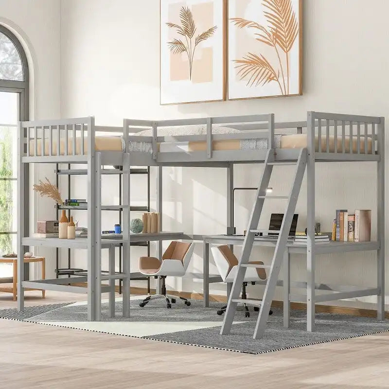 Twin L-Shaped Loft Bed with 2 Desks and Ladder, Solid Pine, Gray White