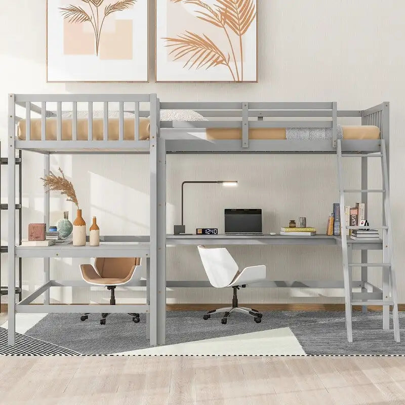 Twin L-Shaped Loft Bed with 2 Desks and Ladder, Solid Pine, Gray White