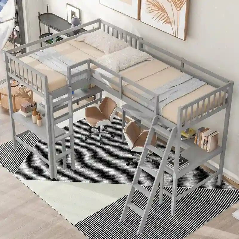 Twin L-Shaped Loft Bed with 2 Desks and Ladder, Solid Pine, Gray White