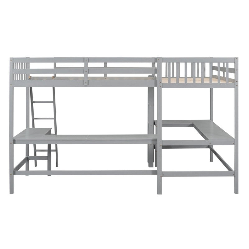 Twin L-Shaped Loft Bed with 2 Desks and Ladder, Solid Pine, Gray White