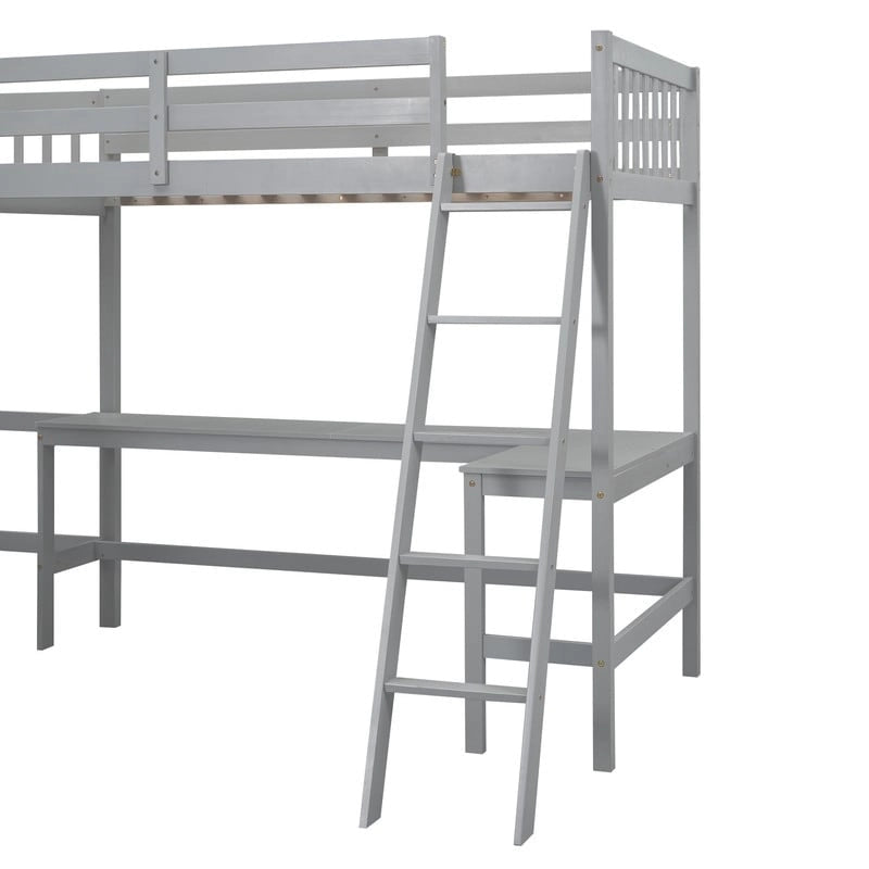 Twin L-Shaped Loft Bed with 2 Desks and Ladder, Solid Pine, Gray White