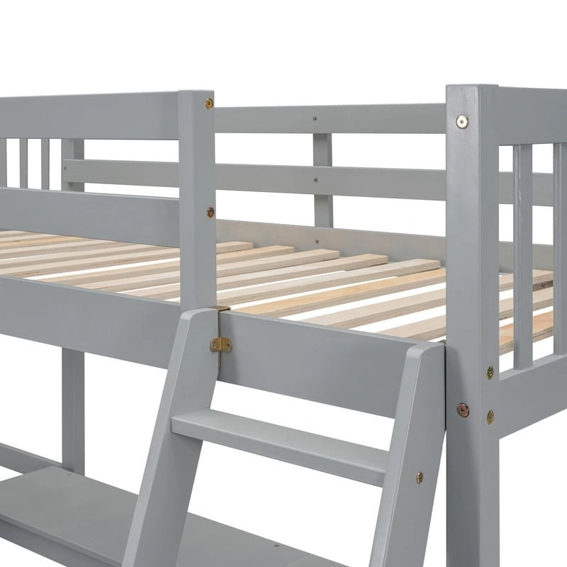 Twin L-Shaped Loft Bed with 2 Desks and Ladder, Solid Pine, Gray White