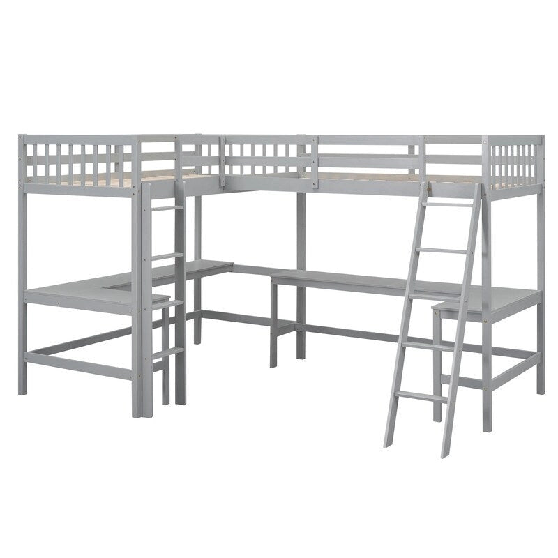 Twin L-Shaped Loft Bed with 2 Desks and Ladder, Solid Pine, Gray White