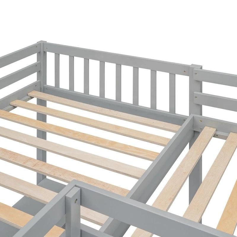 Twin L-Shaped Loft Bed with 2 Desks and Ladder, Solid Pine, Gray White