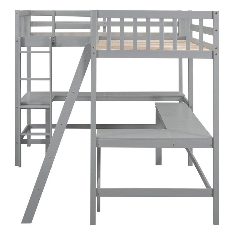 Twin L-Shaped Loft Bed with 2 Desks and Ladder, Solid Pine, Gray White