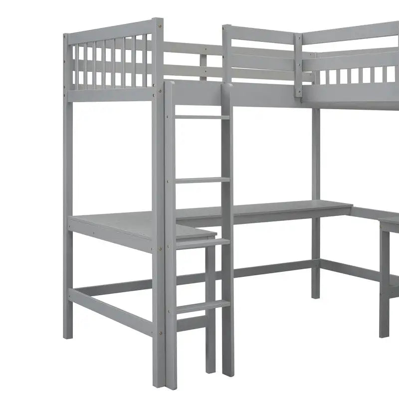 Twin L-Shaped Loft Bed with 2 Desks and Ladder, Solid Pine, Gray White
