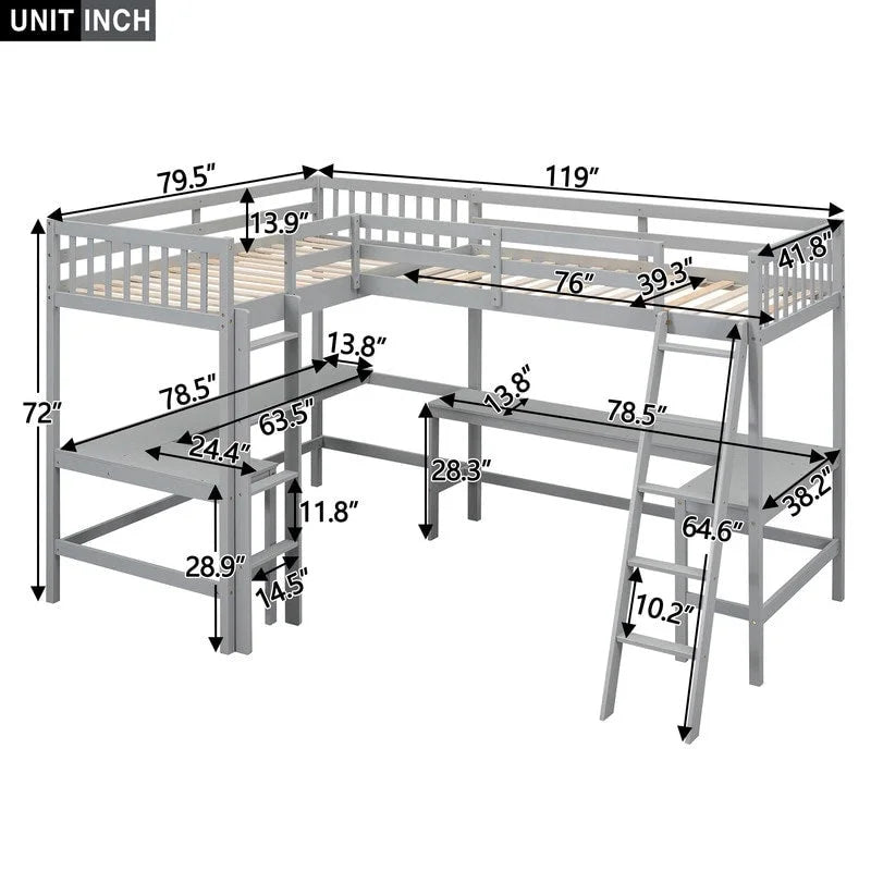 Twin L-Shaped Loft Bed with 2 Desks and Ladder, Solid Pine, Gray White