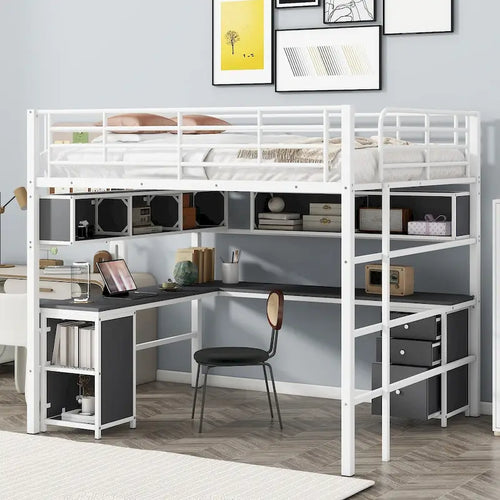 Metal Loft Bed with Bookcase, Desk and Cabinet