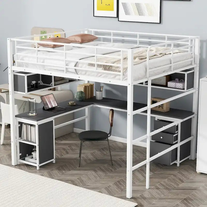 Lit mezzanine en métal grand format avec bureau en L, étagères ouvertes, placard et tiroirs, noir noir+blanc