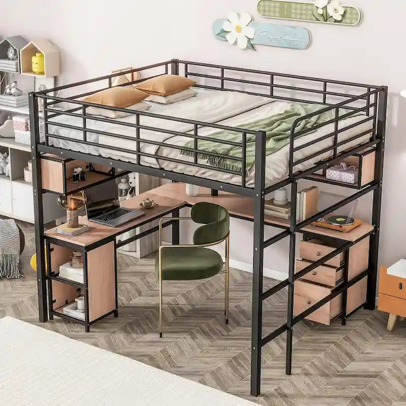 Lit mezzanine en métal grand format avec bureau en L, étagères ouvertes, placard et tiroirs, noir noir+blanc