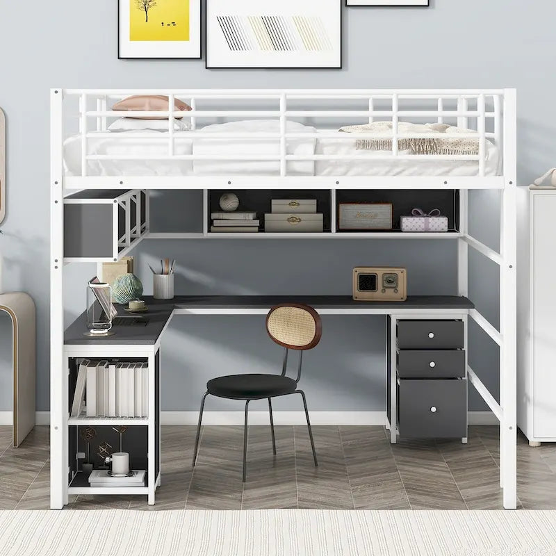 Cama tipo loft metálica de tamaño Full con escritorio en L, estantes abiertos, armario y cajones, negro negro+blanco