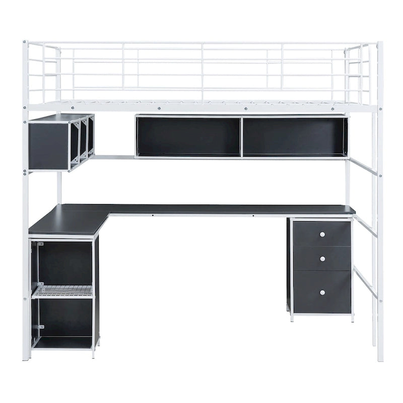 Cama tipo loft metálica de tamaño Full con escritorio en L, estantes abiertos, armario y cajones, negro negro+blanco