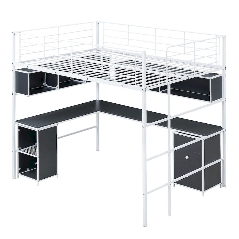 Cama tipo loft metálica de tamaño Full con escritorio en L, estantes abiertos, armario y cajones, negro negro+blanco