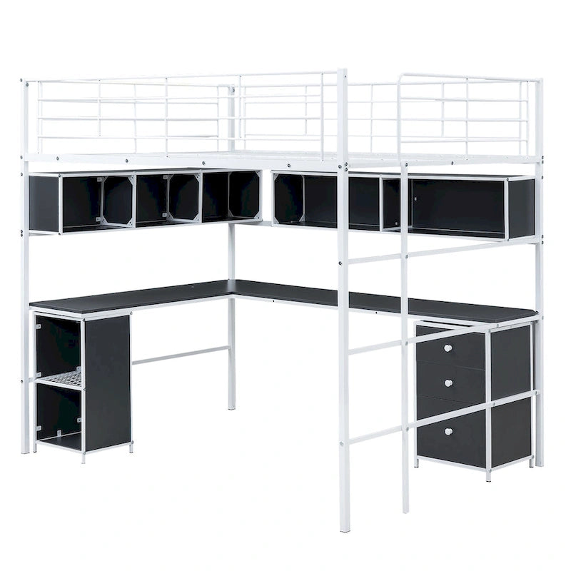 Cama tipo loft metálica de tamaño Full con escritorio en L, estantes abiertos, armario y cajones, negro negro+blanco