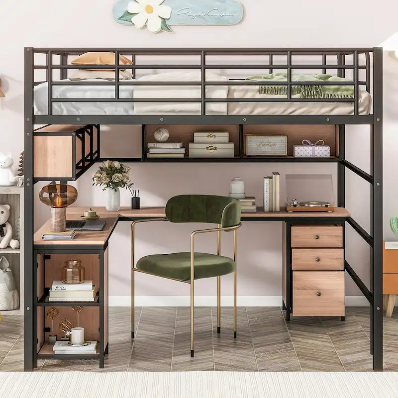 Cama tipo loft metálica de tamaño Full con escritorio en L, estantes abiertos, armario y cajones, negro negro+blanco