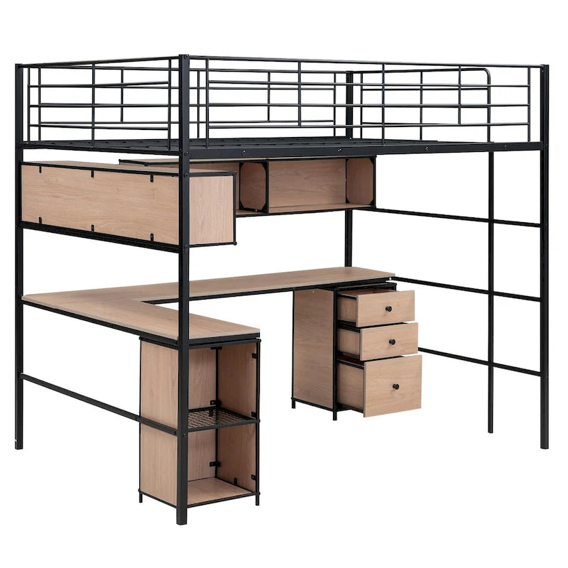 Cama tipo loft metálica de tamaño Full con escritorio en L, estantes abiertos, armario y cajones, negro negro+blanco