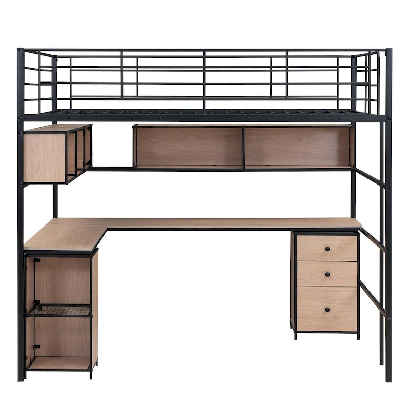 Cama tipo loft metálica de tamaño Full con escritorio en L, estantes abiertos, armario y cajones, negro negro+blanco