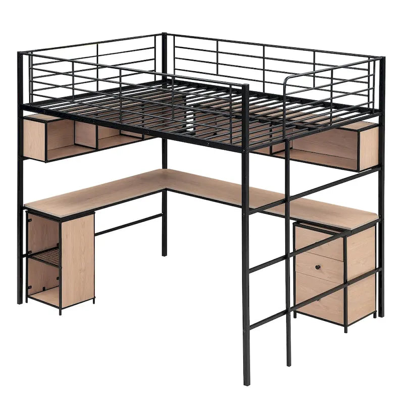 Cama tipo loft metálica de tamaño Full con escritorio en L, estantes abiertos, armario y cajones, negro negro+blanco