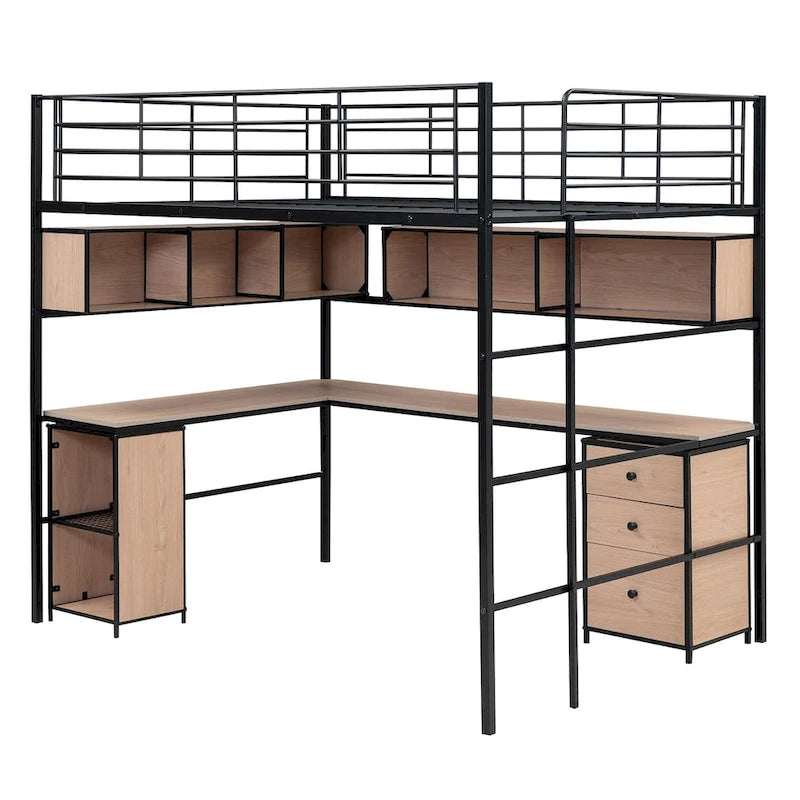 Cama tipo loft metálica de tamaño Full con escritorio en L, estantes abiertos, armario y cajones, negro negro+blanco