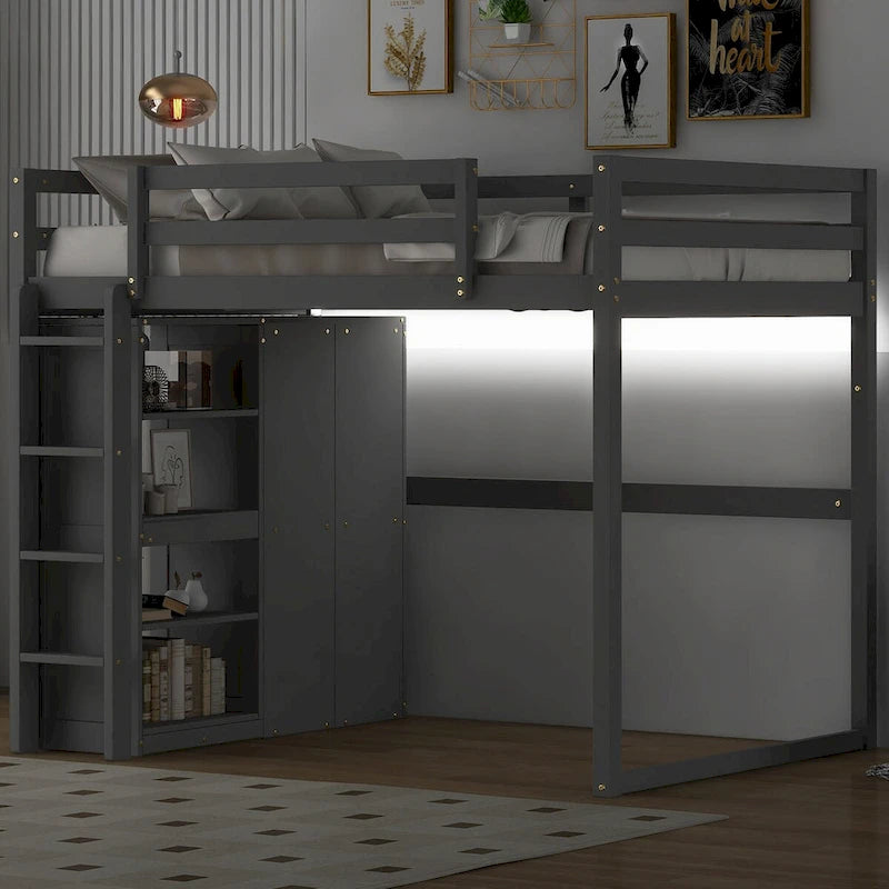 Lit mezzanine double en bois avec armoire intégrée, étagère à 3 niveaux et éclairage LED, blanc et gris