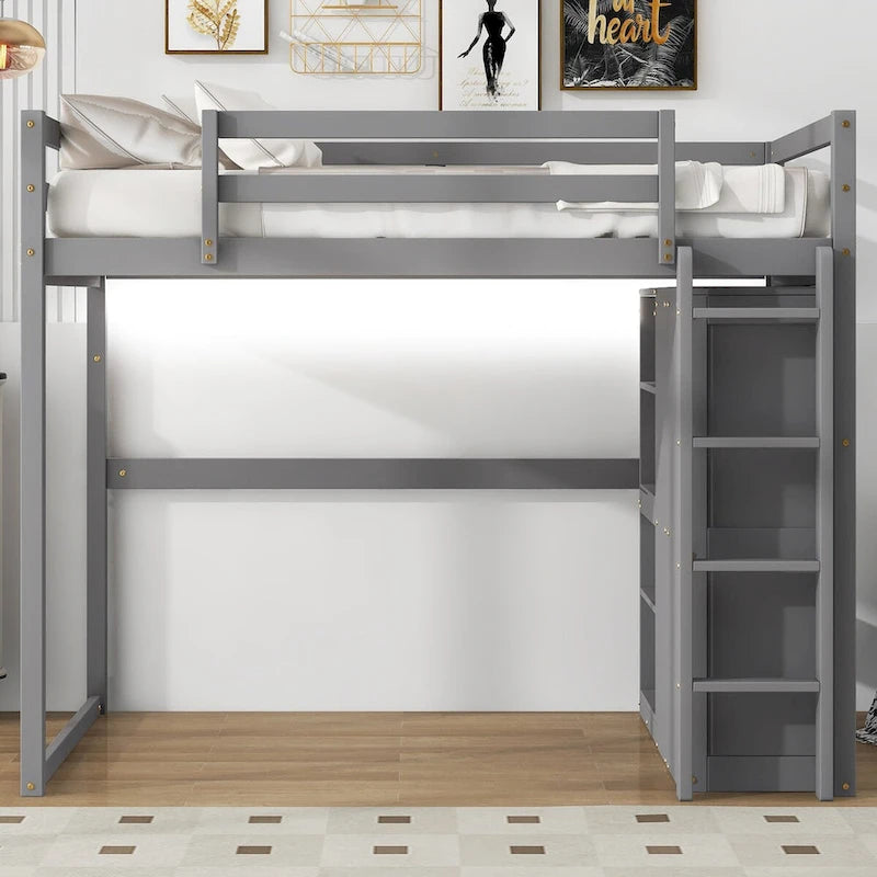 Lit mezzanine double en bois avec armoire intégrée, étagère à 3 niveaux et éclairage LED, blanc et gris