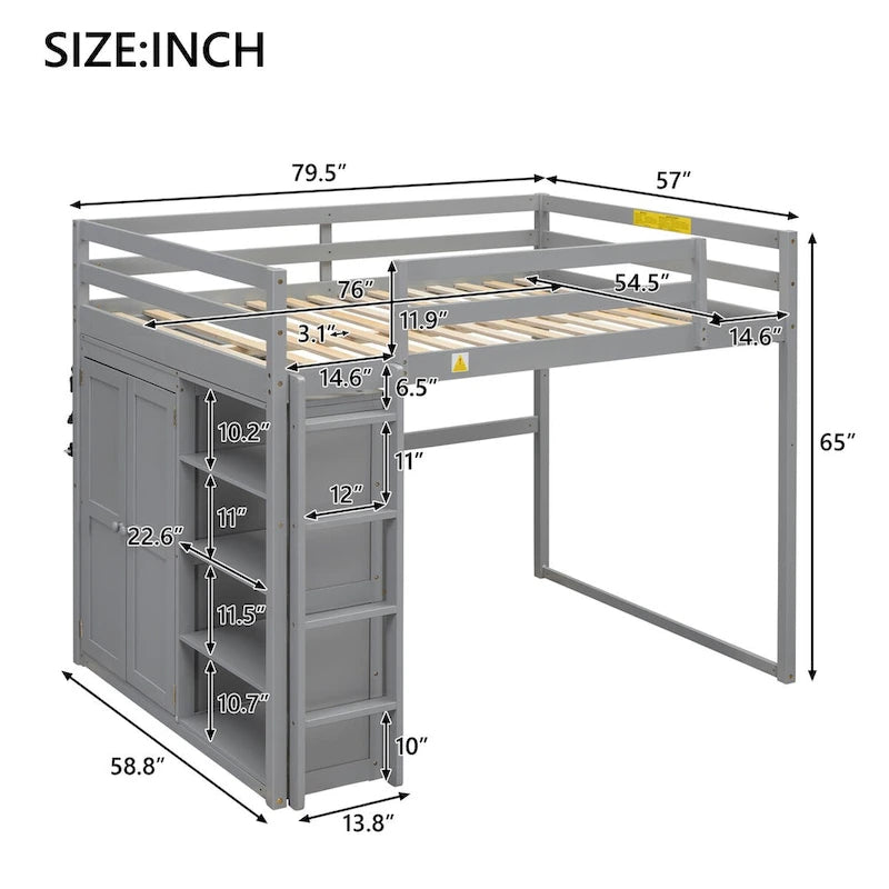 Houten hoogslaper in full-size met ingebouwde kledingkast, plank met 3 niveaus en ledverlichting, wit grijs