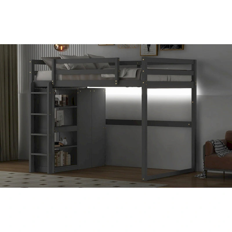 Houten hoogslaper in full-size met ingebouwde kledingkast, plank met 3 niveaus en ledverlichting, wit grijs